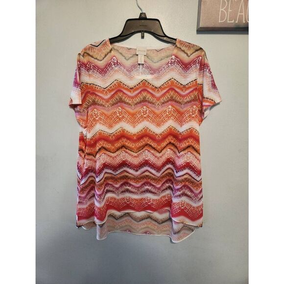 NWT Chico’s Top Womens Size 2 Multicolor Sherbert Chevron Round Neck Casual Core - Picture 1 of 4